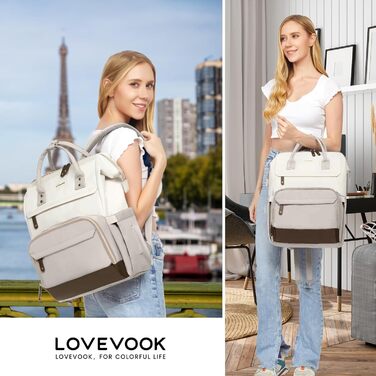 LOVEVOOK жіночий рюкзак для ноутбука 15.6'' водонепроникний, шкільний, міський, для підлітків, бежевий + хакі + чорна шкіра