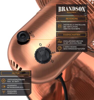 Вентилятор настільний Brandson мідний, 3 швидкості, з осциляцією 80° та нахилом 40°, металевий корпус