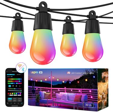 Lepro LED гірлянда для зовнішнього використання 30м, RGB+тепле біле світло, Wi-Fi, керування через додаток, сумісна з Alexa/Google, IP65, AI-дизайнер світла, 30 LED, без пульта