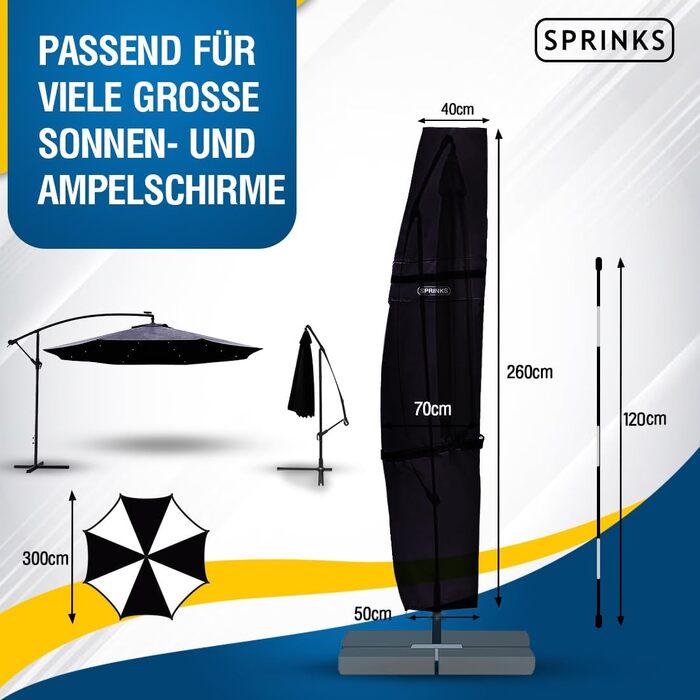 Чохол для парасольки SPRINKS® до 300 см, чорний - захист від сонця, дощу та УФ-променів. Зі сталевим стрижнем для зручного одягання. Розмір: 260 x 40/70/50 см