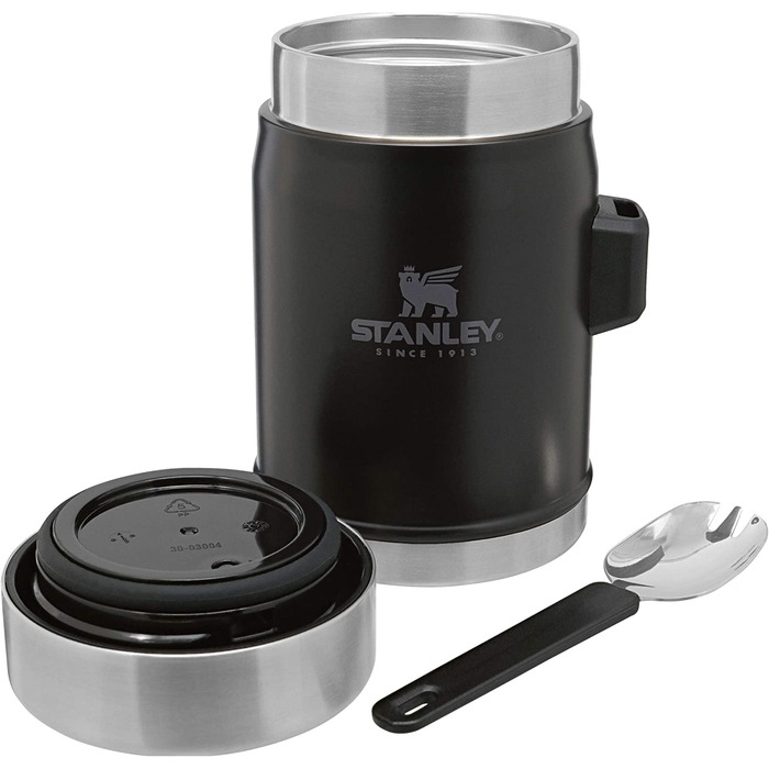 Термос для їжі Stanley Classic Legendary 400 мл з ложкою-виделкою, нержавіюча сталь, тримає тепло/холод 7 годин, BPA-free, чорний матовий, для їжі, для обіду, термобокс, придатний для миття в посудомийці
