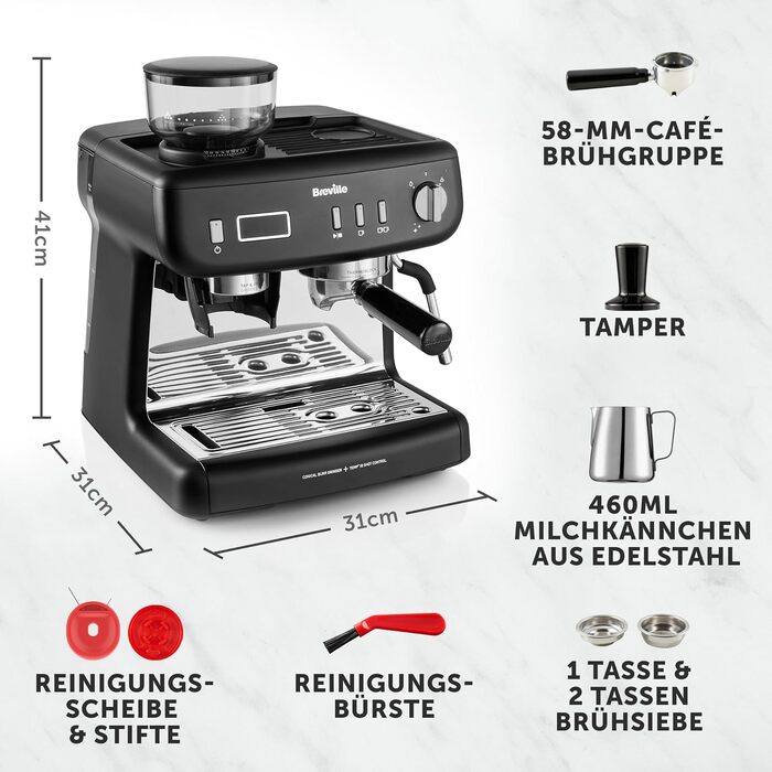 Кавомашина Breville Barista Max+ з вбудованим капучинатором та кавомолкою, срібляста (VCF185X) - еспресо, капучино, лате