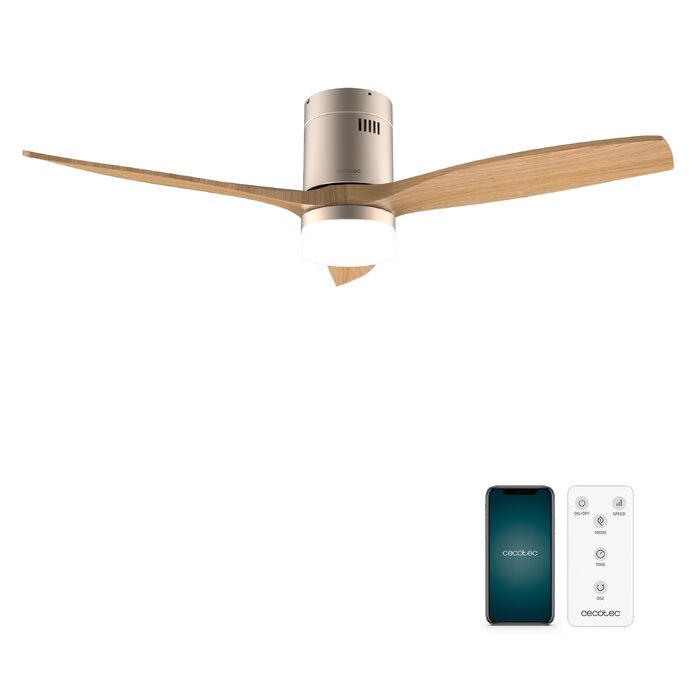 Стельовий вентилятор Cecotec Aero 5600 з підсвічуванням та WiFi, 52 дюйми (132 см), 3 лопаті, пульт, IP44, Зима/Літо, таймер, золото/дерево