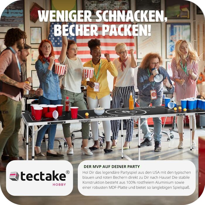 Стіл для Beer Pong tectake, складаний, висота регулюється, з ручками, набір 100 стаканів (50 червоних, 50 синіх) та 6 м'ячів, ігровий стіл для вечірок, пивний понг для дорослих