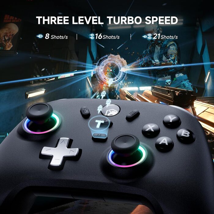Ігровий бездротовий контролер ECHTPower для PC, Switch, Steam Deck, Android, iOS — RGB підсвітка, Hall-джойстики, Turbo, вібрація, акумулятор 800mAh (Чорний)