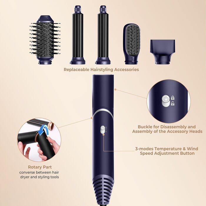 UKLISS 5-в-1 Airstyler Фен-щітка для укладки волосся з насадкою для локонів, 60000 об/хв, блакитний