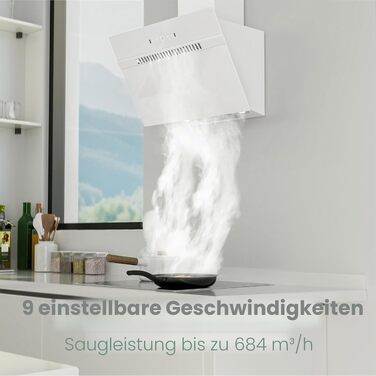 Похила витяжка FIREGAS 60см біла, безщітковий мотор, продуктивність 684 м³/год, 9 рівнів швидкості, клас енергоефективності A+++, сенсорне та жестове керування, режим відведення та рециркуляції