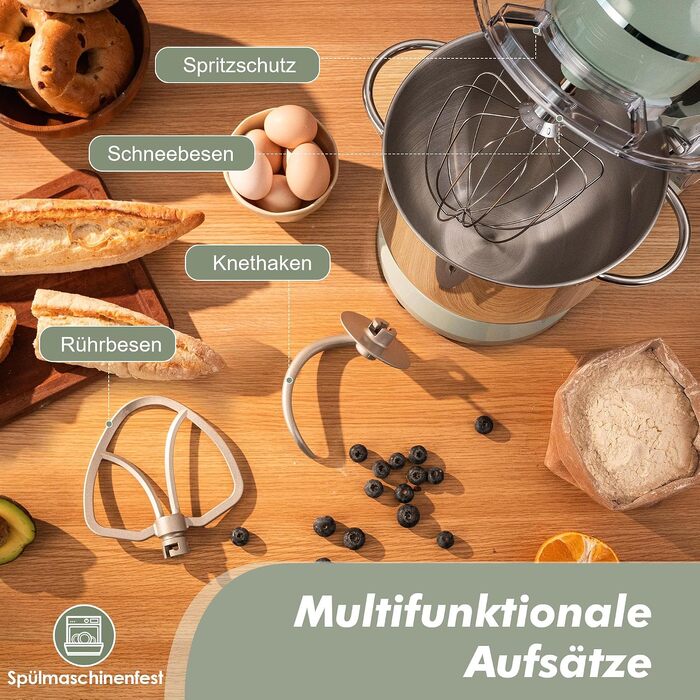 Кухонний комбайн-міксер Kitchen in the box Fab-Serie 8л, потужність 2000Вт, 10 швидкостей, з насадками (вінчик, гак, міксер), Зелений