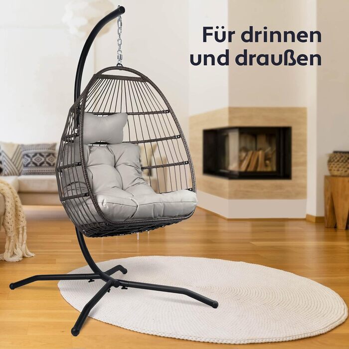 Крісло-гойдалка підвісне VITA5 з рамою, ротанг, кремово-біле/світло-сіре, для тераси, спальні, читального кутка, до 150 кг, бохо стиль