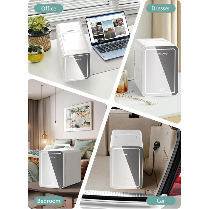 Міні холодильник VINATO для косметики та напоїв, 6 л, з LED-дзеркалом, 220V/12V, білий