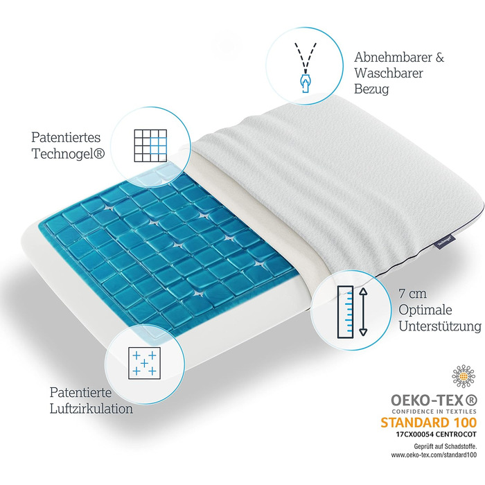 Ортопедична подушка Technogel Deluxe для шиї та спини, антибактеріальна, з гелем, для сну на спині й боці, з наволочкою