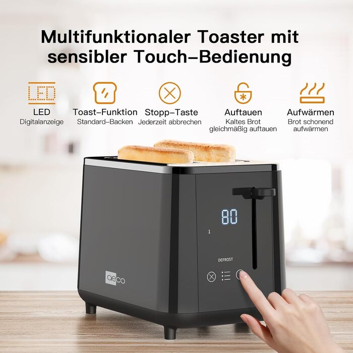 Тостер aeco toastlab Elite 2-слотовий з підставкою для булочок, 6 рівнів підсмажування, 10 програм, 850 Вт, LCD-дисплей, функція підйому, розморожування, піддон для крихт (LED-Touch)