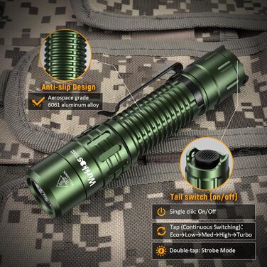 Ліхтарик Wurkkos TD02 LED тактичний, 2000 люмен, USB-C, водонепроникний IP68, 6 режимів, компактний, для вулиці та дому, зелений