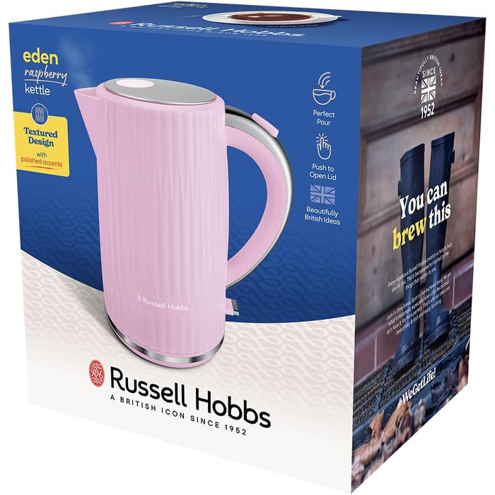 Електричний чайник Russell Hobbs Eden Raspberry 27362-70, 1.7 л, 2400 Вт, малиновий, зі сталевими акцентами та фільтром від накипу