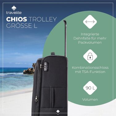 Валіза Travelite Chios L на 4 колесах, м'яка оболонка, з розширенням та захистом кутів, стильний дорожній чемодан 78 см, 90-97 л
