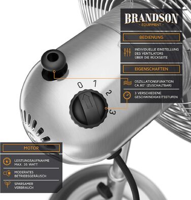Підлоговий вентилятор Brandson Silverline з коливанням 80° та хромованим дизайном - 3 швидкості, регульована висота та нахил 30°