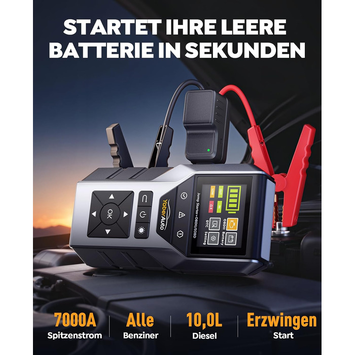 Пусковий пристрій YaberAuto Jump Starter 7000A з OBD2 діагностикою та тестером акумулятора, Powerbank 16800mAh для бензинових та дизельних авто (до 10л), з LED-ліхтарем