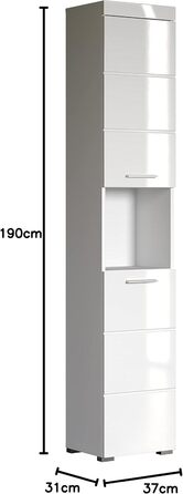 Висока шафа для ванної trendteam Amanda, білий глянцевий, 37x190x31 см, сучасний дизайн