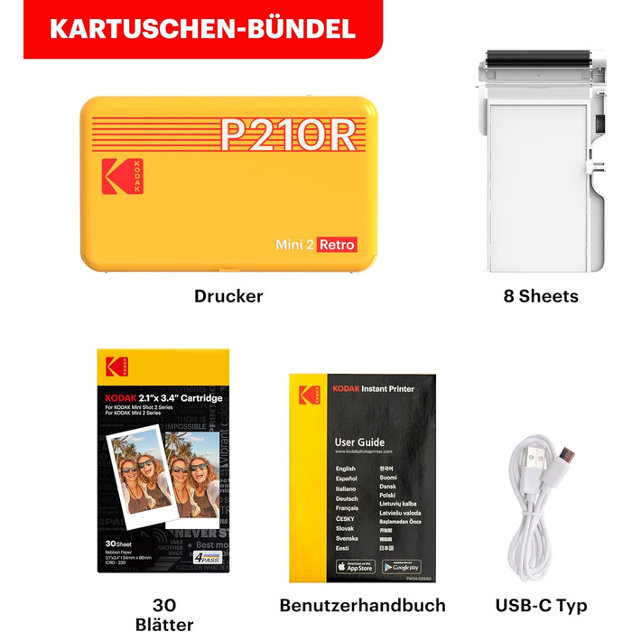 KODAK P210 Mini 2 Retro: Портативний кольоровий фотопринтер, сумісний зі смартфонами (iOS & Android), Bluetooth, 54x86 мм, технологія 4Pass, ламінування, 38 аркушів, білий 54 x 86 мм