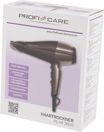 Фен ProfiCare PC-HT 3010, 2200 Вт, іонізація, 3 температурні режими, 2 швидкості, холодний обдув, 360° насадка, коричневий