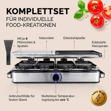 Raclette Gourmetmaxx 2-в-1 з Фондю | Набір раклет для 8 осіб – ідеальний для вечірок | Набір раклет-фондю на 8 осіб з 8 сковородочками, лопатками та виделочками для фондю | Преміум якість