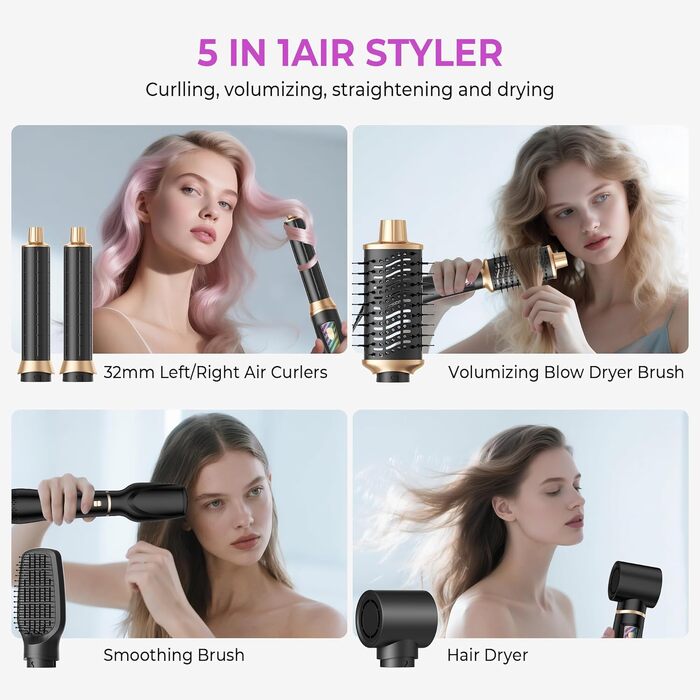 UKLISS Airstyler 5-в-1: Професійний фен-щітка з іонізацією, авто-завивкою 32мм для об'єму, сушіння, випрямлення та завивки волосся будь-якого типу, чорний