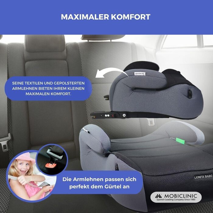 Дитяче автокрісло Mobiclinic Kids Lionfix Basic I-Size 125-150 см з IsoFix, знімний і праний чохол, підлокітники, текстильна оббивка, стандарт R129, європейський бренд