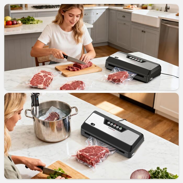 Вакууматор для продуктів Bonsenkitchen з вбудованим різаком, компактний вакууматор для Sous Vide та заготовок, кілька режимів роботи, чорний (в комплекті 1 рулон та 5 пакетів)