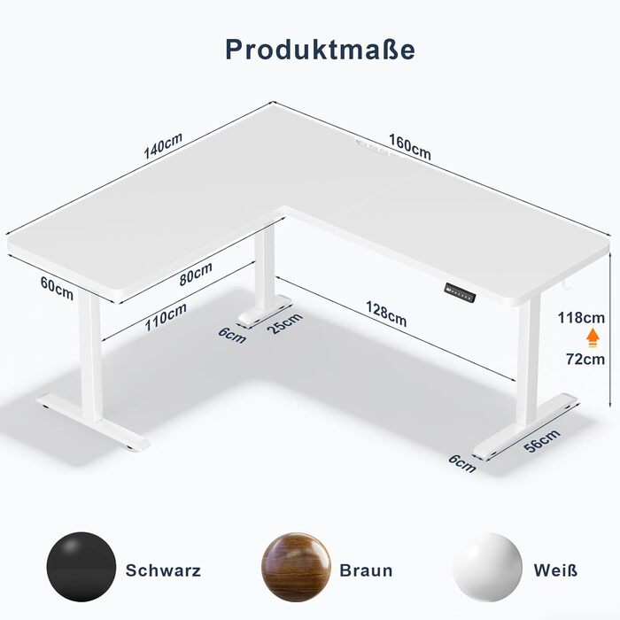 Регульований кутовий стіл JUMMICO L-подібний 160x140 см з пам'яттю висоти та кабельною організацією, білий - Ергономічний стіл для дому та геймінгу