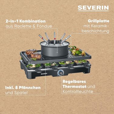 Комбінований гриль-раклет та фондю SEVERIN RG2347 на 8 осіб, антипригарне покриття, 2-в-1 з набором сковорідок та виделок