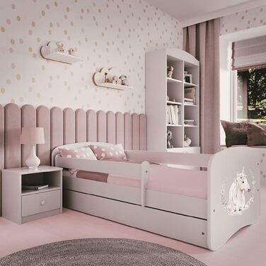 Дитяче ліжко Kids Collective 160x80 см з матрацом, бортиком, ламельною основою та шухлядою, біле, для дівчинки, рожеве з малюнком коня