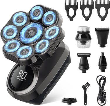 Електрична бритва для гоління голови чоловіча 9D Skull Shaver, водонепроникна IPX7, LCD-дисплей, 6-в-1 з тримером для носа, Type-C зарядка