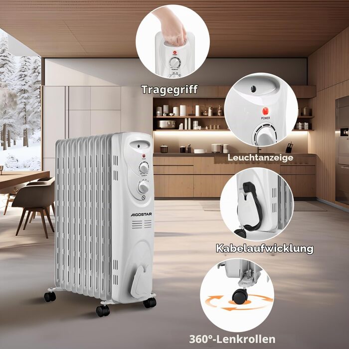 Електричний масляний радіатор Aigostar Pangpang 2300W, 11 секцій, з термостатом та 3 режимами нагріву, мобільний обігрівач (Білий, 2 шт)