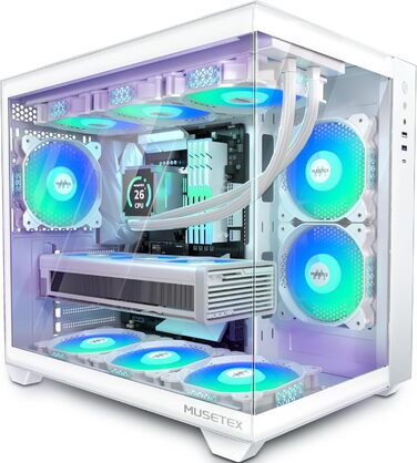 MUSETEX ATX корпус для ПК з 6 ARGB вентиляторами, 360 мм підтримка радіатора, Type-C, ігровий корпус з 270° оглядом, загартоване скло, білий Mid Tower, модель Y6