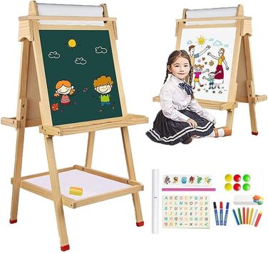 Дитячий двосторонній мольберт із рулоном паперу, whiteboard та грифельною дошкою, дерев'яний, регульований за висотою, бронзовий
