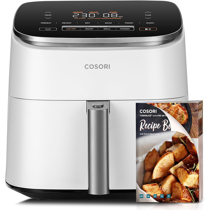 Аерофритюрниця Cosori TurboBlaze 9-в-1, 6 л, біла, тиха, економна, 5 швидкостей, гриль, випікання, дегідрація, 87 рецептів