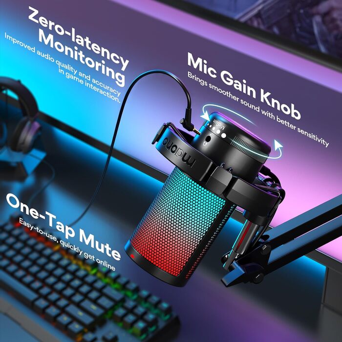 Ігровий USB-мікрофон MAONO DGM20S з шумозаглушенням, конденсаторний, з функціями вимкнення звуку, регулювання чутливості, моніторингу, тримачем, поп-фільтром для стрімінгу, подкастів, Twitch, YouTube, Discord, ПК, PS5, Mac