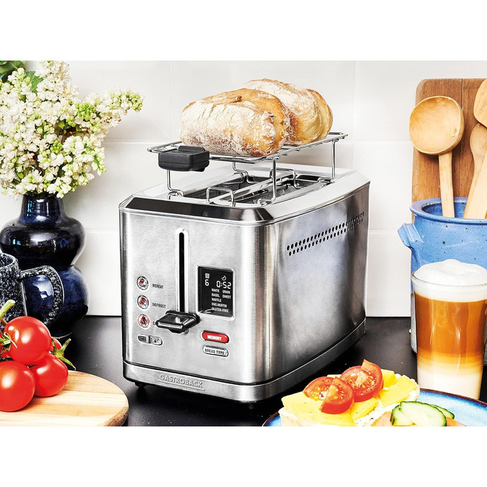 Тостер електричний GASTROBACK Design Toaster Digital 2S, нержавіюча сталь, 2 відділення, 7 програм, LCD-дисплей, 800 Вт, сріблястий