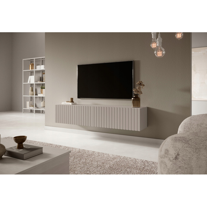 ТВ-тумба Telire 140 см, сіро-бежева, з ламельним фасадом - Selsey Design