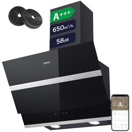 Витяжка кухонна CIARRA ASB6736N 60 см, 650 м³/год, навісна, нержавіюча сталь та чорне скло, керування через App та Touch, режим рециркуляції та відведення, з вугільним фільтром CBCF003, чорна