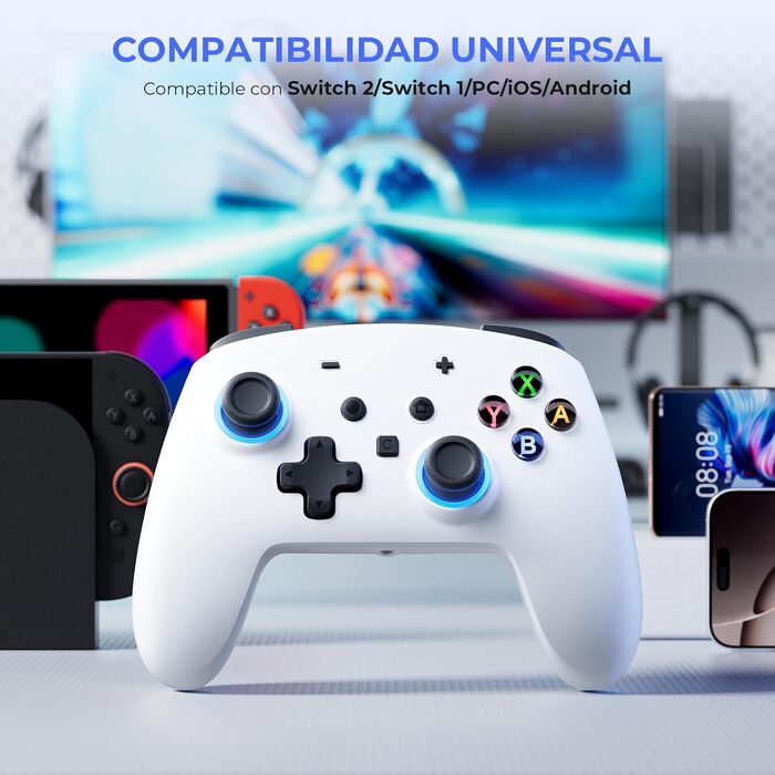 Бездротовий ігровий контролер ECHTPower для PC, Switch, Steam Deck, Android, iOS — RGB підсвічування, Hall-джойстики, вібрація, Turbo, акумулятор 800mAh (Білий)