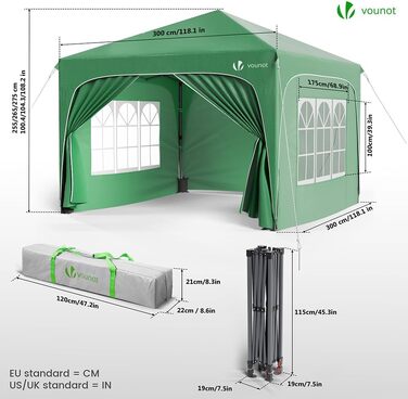 Альтанка садовий VOUNOT® 3x3м з бічними стінками та мішками для фіксації, водонепроникний шатер для вечірок, складна, зелена