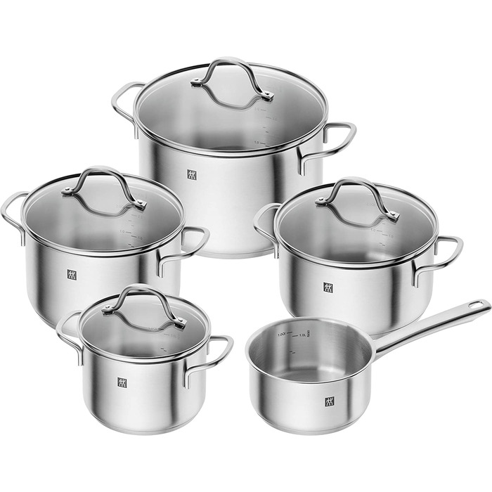 Набір каструль ZWILLING Flow, 5 шт., з кришкою з термостійкого скла, індукційне дно, не має покриття, нержавіюча сталь