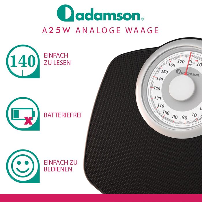 Механічна вага Adamson A25W, до 180 кг, велика шкала, антиковзаюча поверхня, біла, для дому та ванної, підтримка 20 років