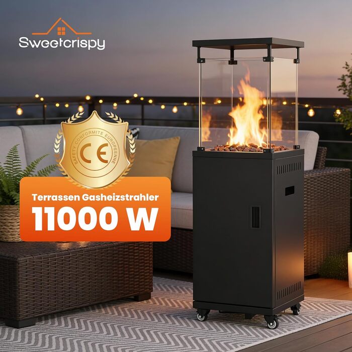 Газовий обігрівач Sweetcrispy для тераси 11 кВт, чорний. Модель для вулиці, з поворотним підставою та захистом від перекидання. Газовий нагрівач для саду та відпочинку на відкритому повітрі. Працює на пропані/бутані. (Газовий балон не входить у комплект)