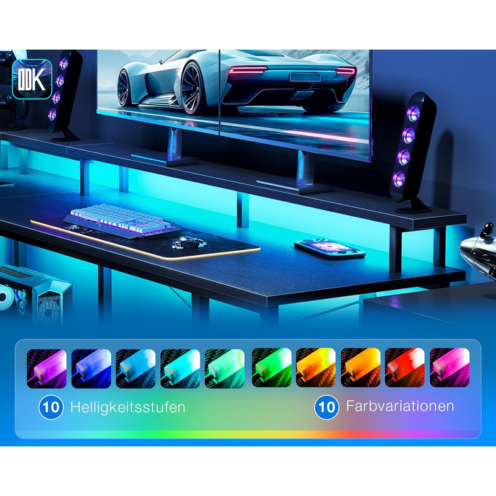 Ігровий кутовий стіл ODK з LED-підсвіткою та USB-портом, 168×120 см, вуглецеве волокно, чорний