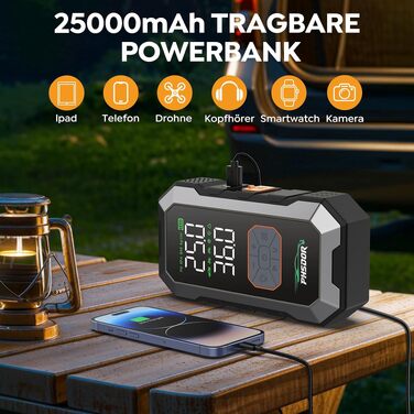 Пусковий пристрій (бустер) 8000A з компресором 150PSI та Powerbank 25000mAh для авто (бензин до 12л, дизель до 10л), з LED-ліхтарем, сріблястий