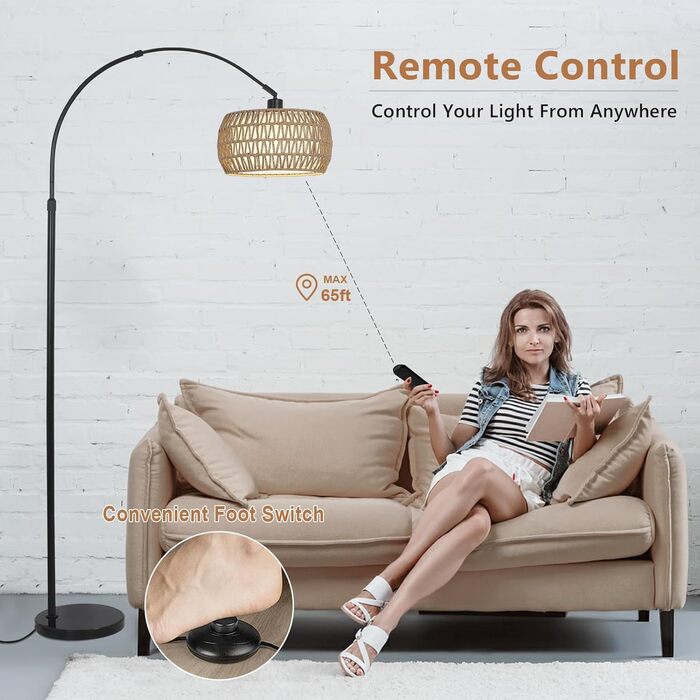 Торшер Rayofly з ротангу для вітальні, чорний, з LED-лампою, дистанційним керуванням та подвійним абажуром, Boho стиль, E27, керування через додаток