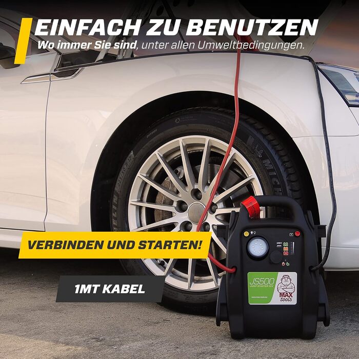 Бустер для авто MAXTOOLS JS500 2200A 22Ah: пусковий пристрій (джампстартер) для 12V дизельних та бензинових двигунів, Powerbank з LED-ліхтарем та USB