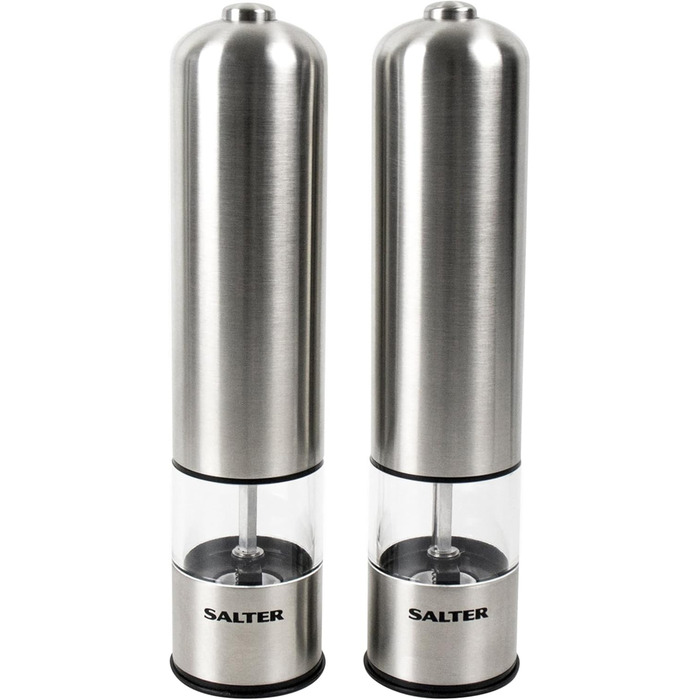 Електричні млини для солі та перцю Salter 7722, нержавіюча сталь, BPA-free, регульований помел, LED-підсвітка, просте наповнення, 60 г солі/30 г перцю